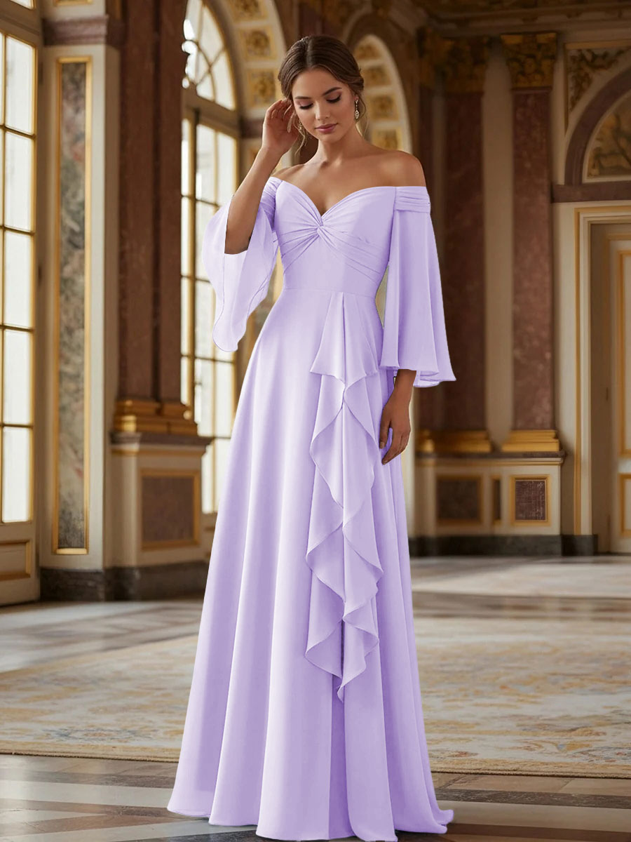Off the Shoulder Long Sleeves Chiffon Formal Dresses with Ruffles