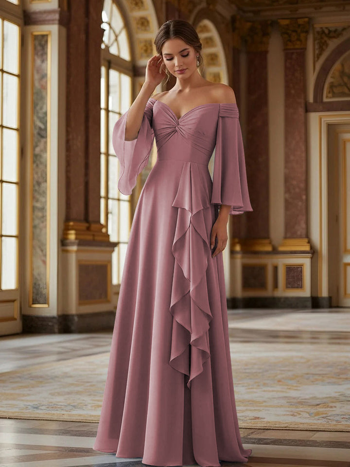 Off the Shoulder Long Sleeves Chiffon Formal Dresses with Ruffles