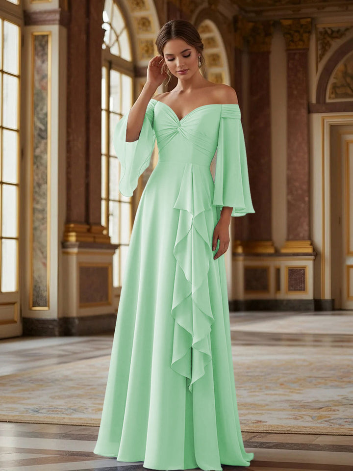 Off the Shoulder Long Sleeves Chiffon Formal Dresses with Ruffles