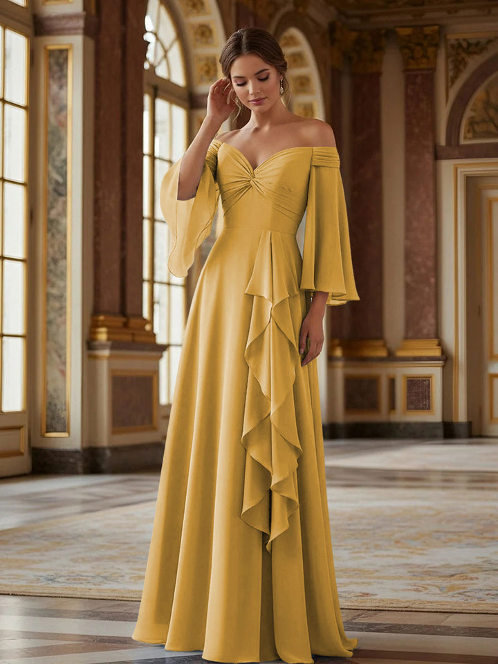 Off the Shoulder Long Sleeves Chiffon Formal Dresses with Ruffles