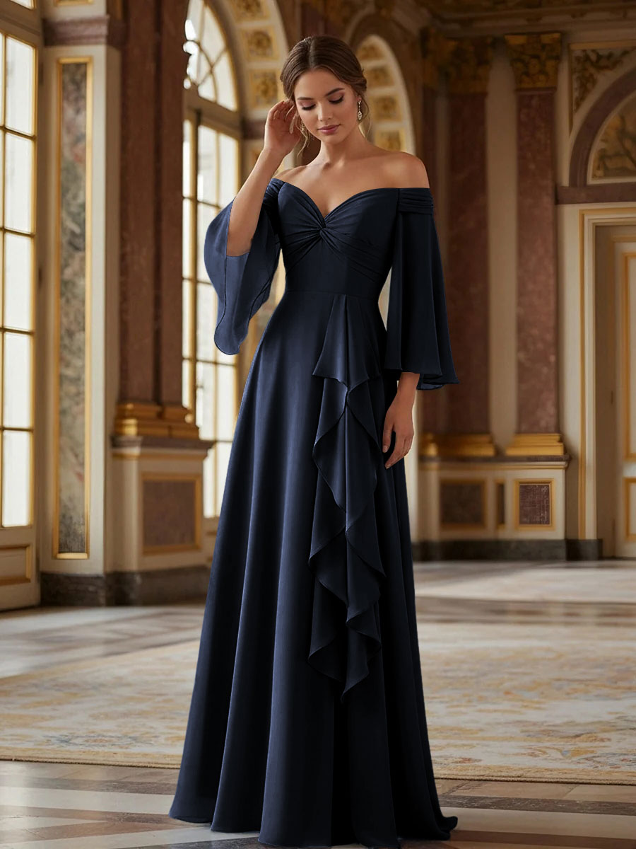 Off the Shoulder Long Sleeves Chiffon Formal Dresses with Ruffles
