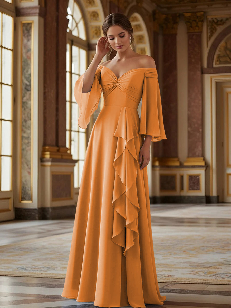 Off the Shoulder Long Sleeves Chiffon Formal Dresses with Ruffles