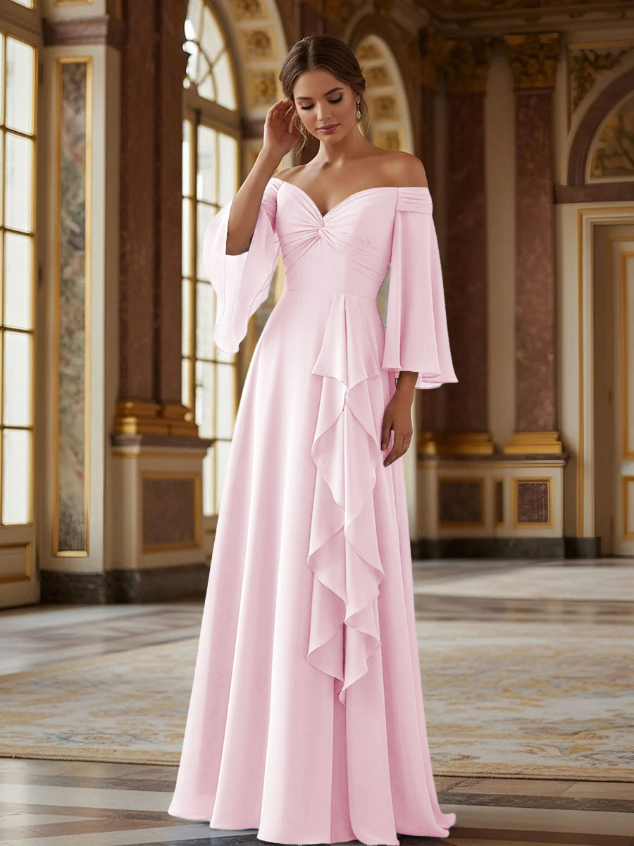 Off the Shoulder Long Sleeves Chiffon Formal Dresses with Ruffles