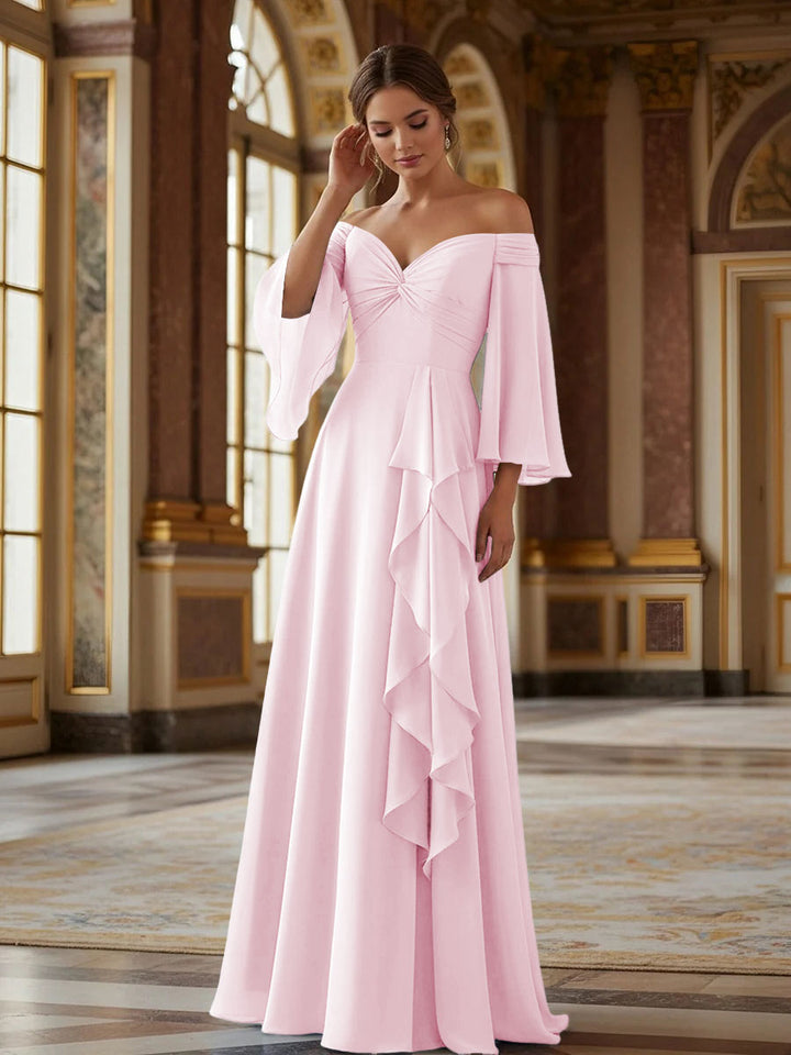 Off the Shoulder Long Sleeves Chiffon Formal Dresses with Ruffles
