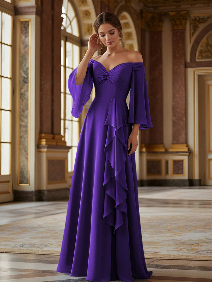 Off the Shoulder Long Sleeves Chiffon Formal Dresses with Ruffles