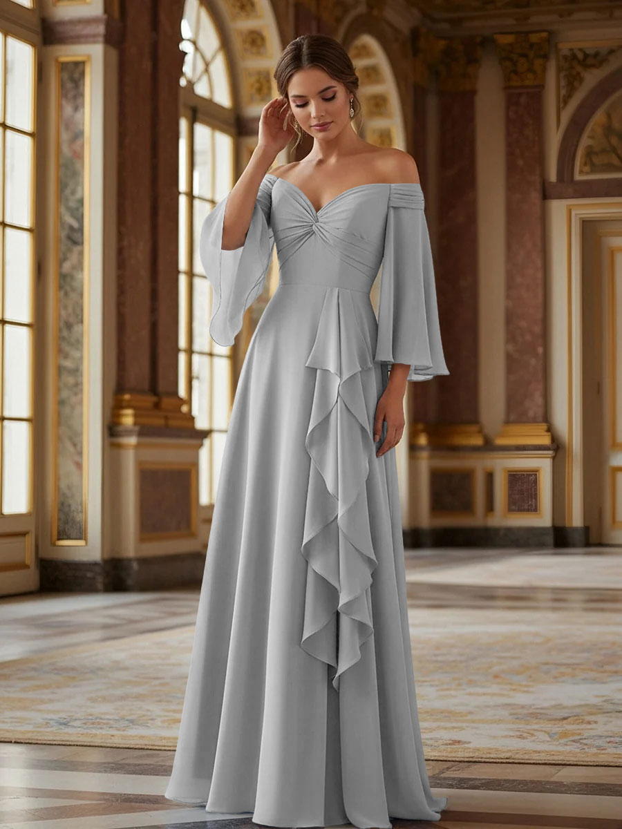 Off the Shoulder Long Sleeves Chiffon Formal Dresses with Ruffles
