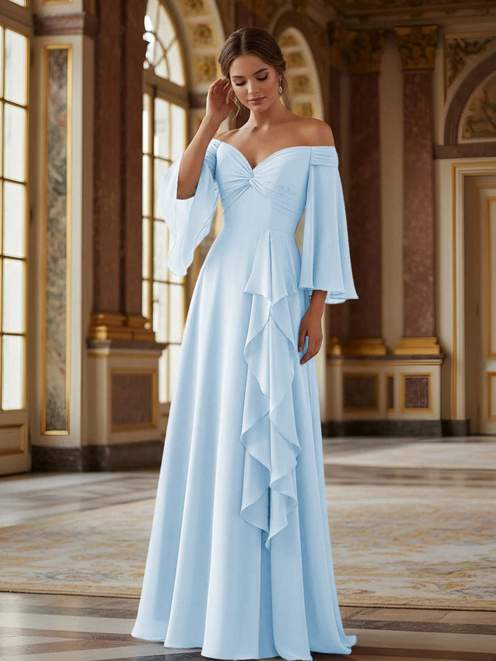 Off the Shoulder Long Sleeves Chiffon Formal Dresses with Ruffles