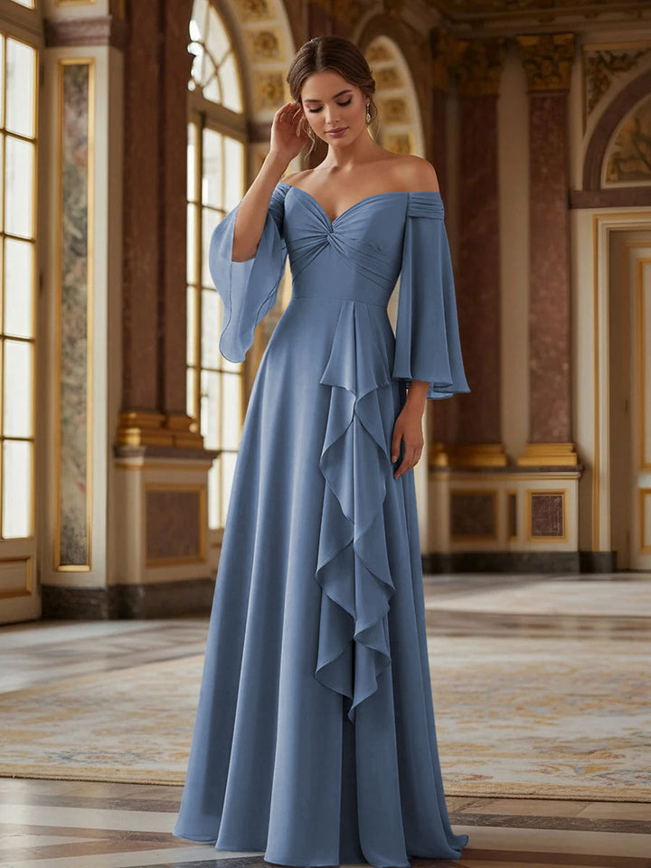Off the Shoulder Long Sleeves Chiffon Formal Dresses with Ruffles