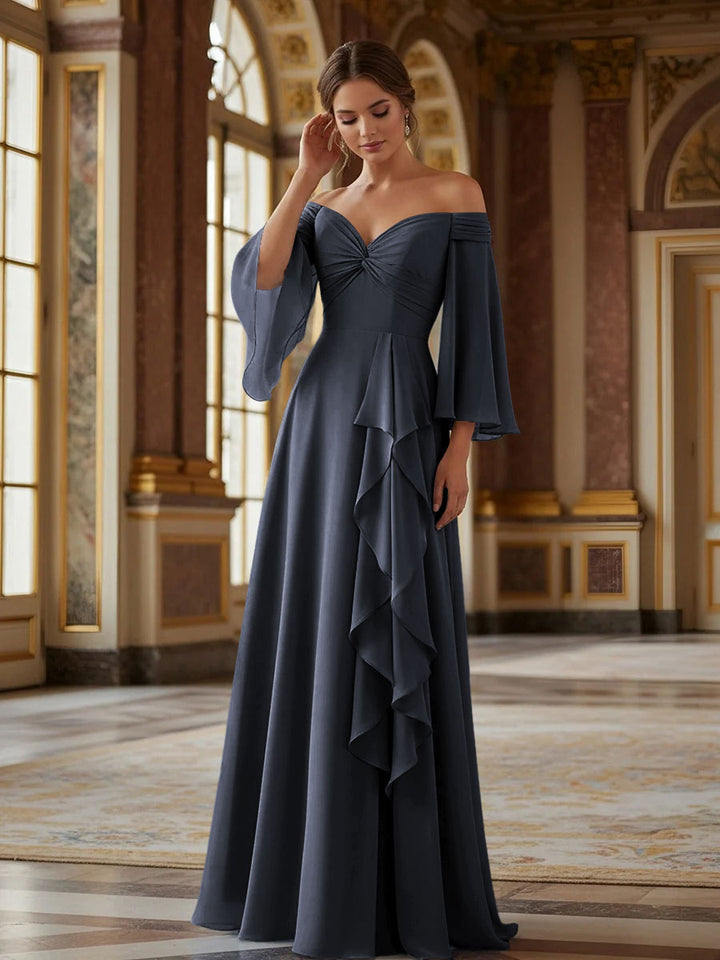 Off the Shoulder Long Sleeves Chiffon Formal Dresses with Ruffles