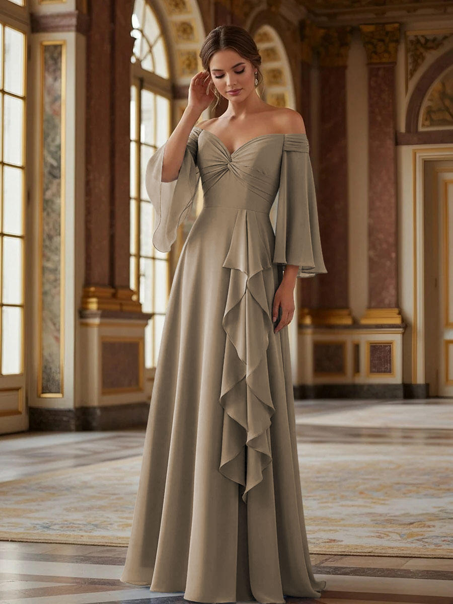 Off the Shoulder Long Sleeves Chiffon Formal Dresses with Ruffles