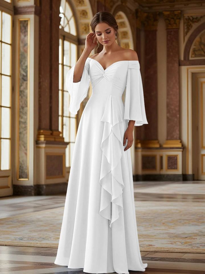 Off the Shoulder Long Sleeves Chiffon Formal Dresses with Ruffles