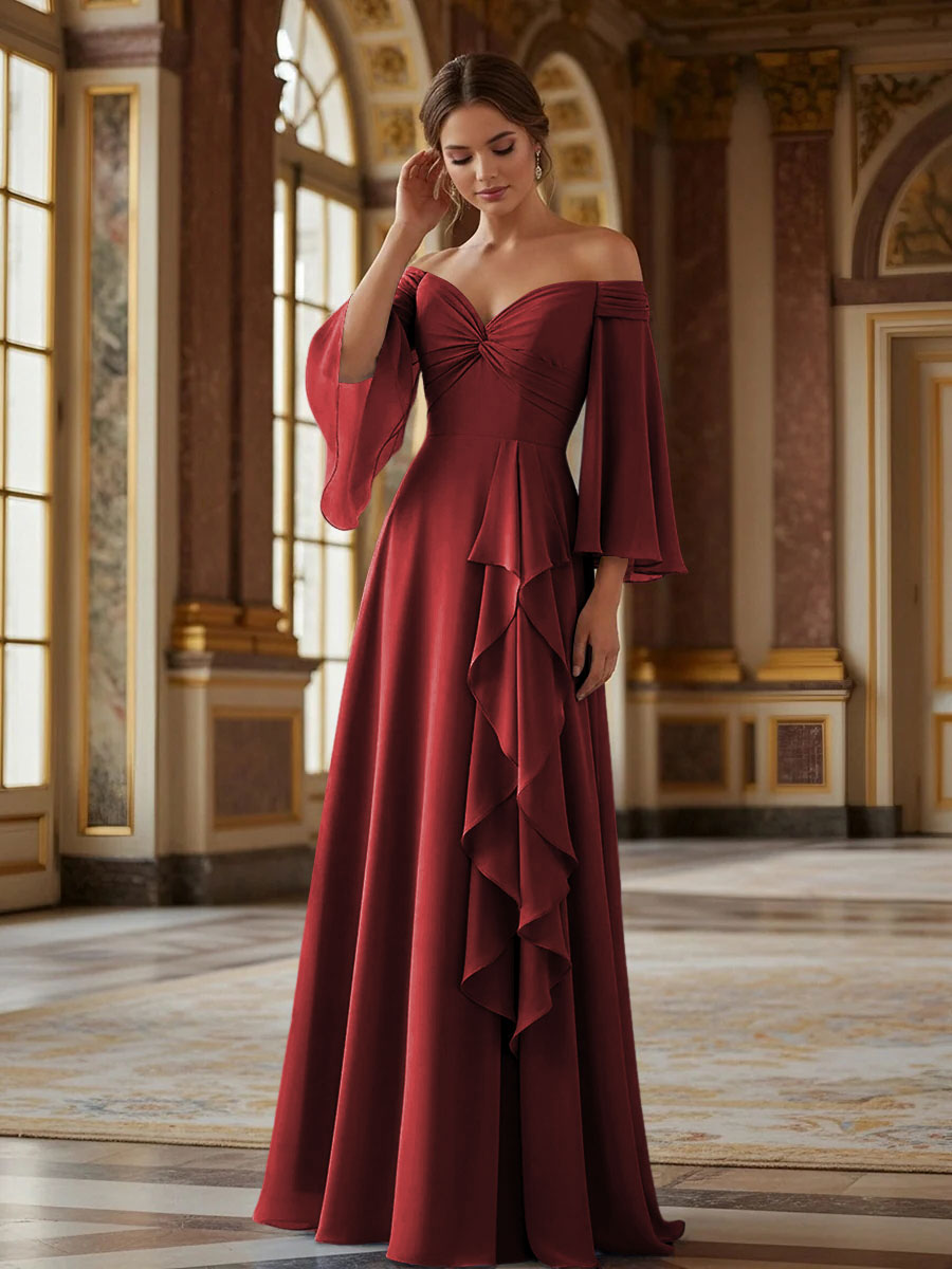 Off the Shoulder Long Sleeves Chiffon Formal Dresses with Ruffles