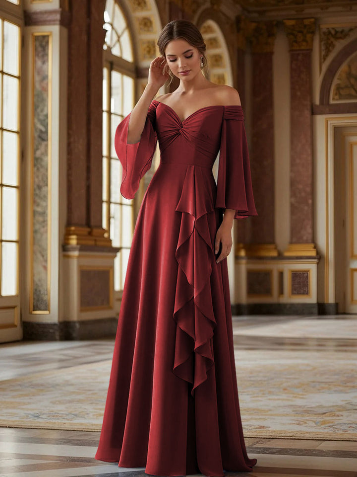 Off the Shoulder Long Sleeves Chiffon Formal Dresses with Ruffles