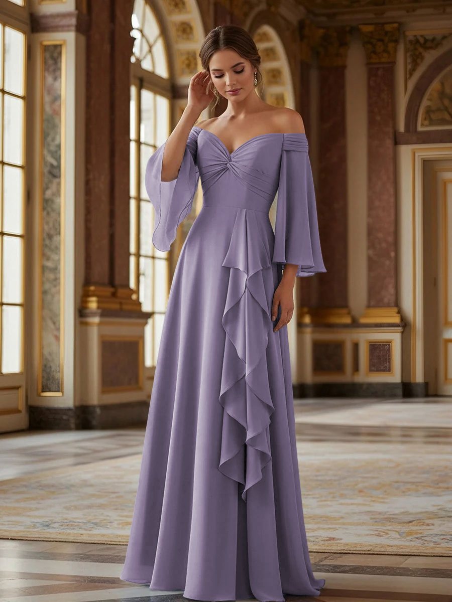 Off the Shoulder Long Sleeves Chiffon Formal Dresses with Ruffles