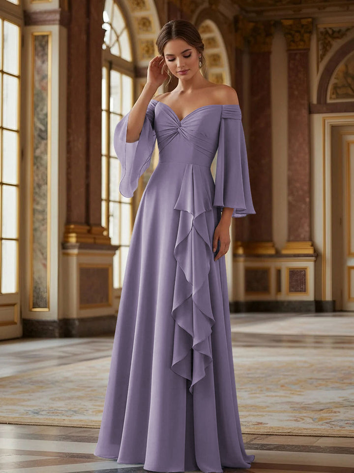 Off the Shoulder Long Sleeves Chiffon Formal Dresses with Ruffles