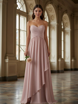 A Line Strapless Ruched Floor Length Chiffon Bridesmaid Dresses with Ruffles