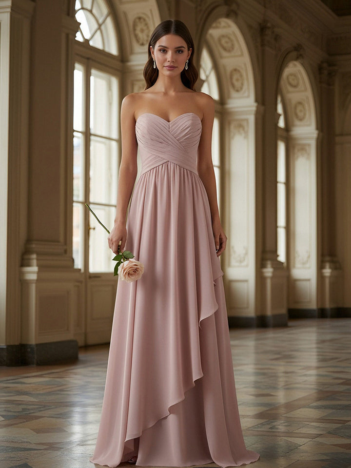 A Line Strapless Ruched Floor Length Chiffon Bridesmaid Dresses with Ruffles