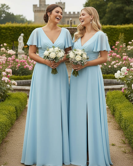 A Line V Neck Short Sleeves Bow Bridesmaid Dresses with Slit