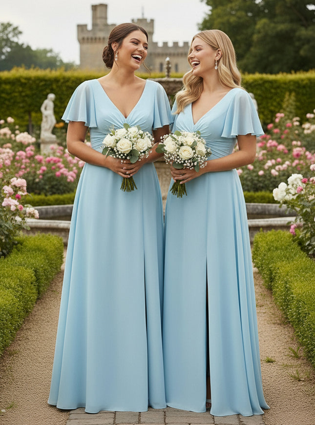 A Line V Neck Short Sleeves Bow Bridesmaid Dresses with Slit