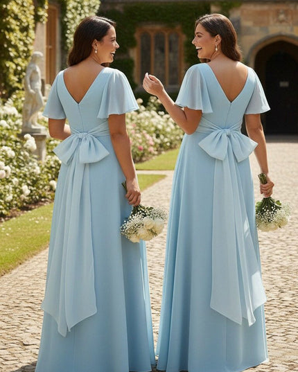 A Line V Neck Short Sleeves Bow Bridesmaid Dresses with Slit