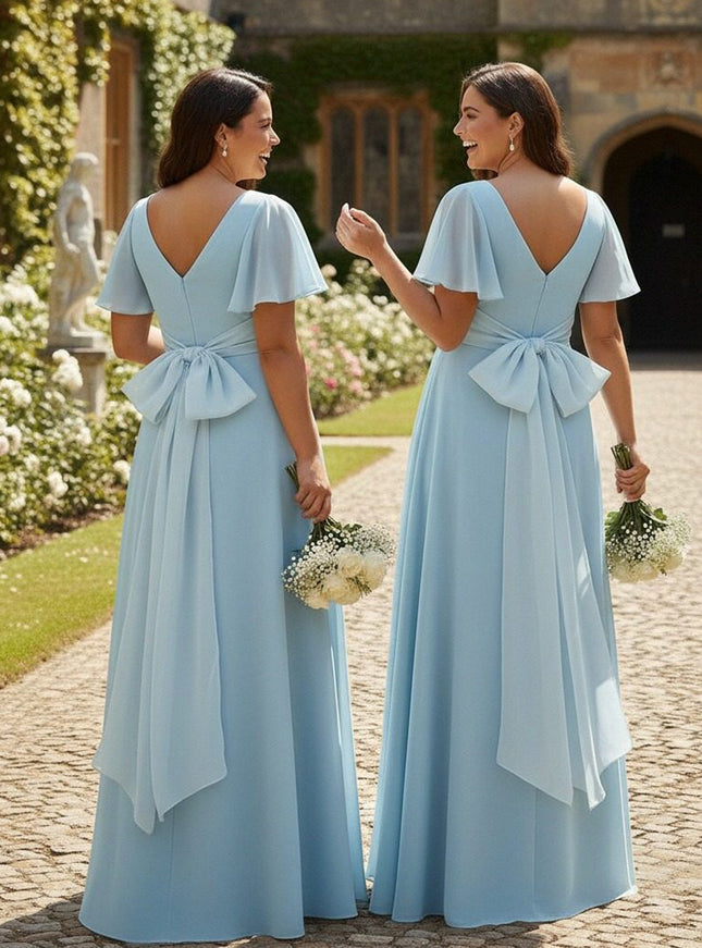 A Line V Neck Short Sleeves Bow Bridesmaid Dresses with Slit