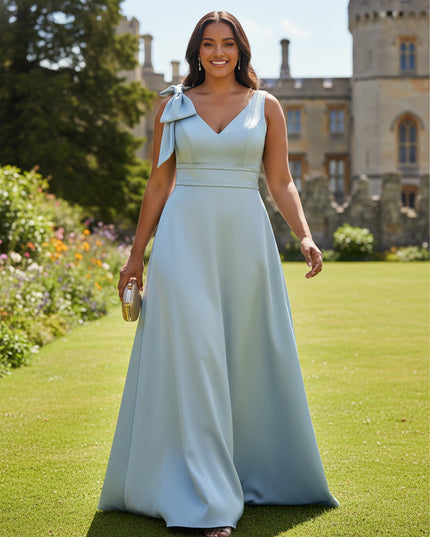 A Line V Neck Sleeveless Bow Satin Bridesmaid Dresses