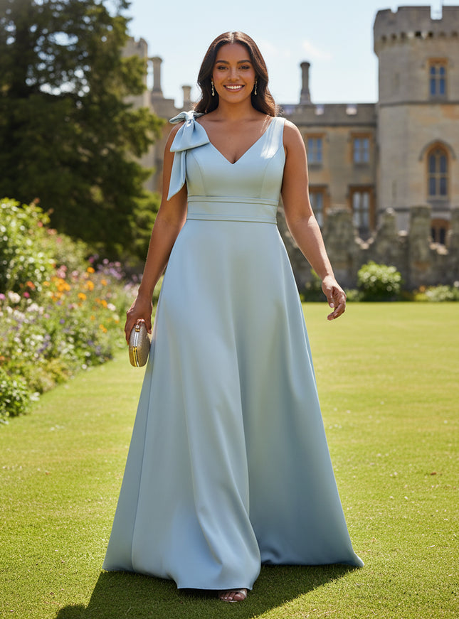 A Line V Neck Sleeveless Bow Satin Bridesmaid Dresses