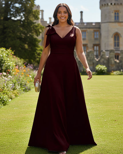 A Line V Neck Sleeveless Bow Satin Bridesmaid Dresses