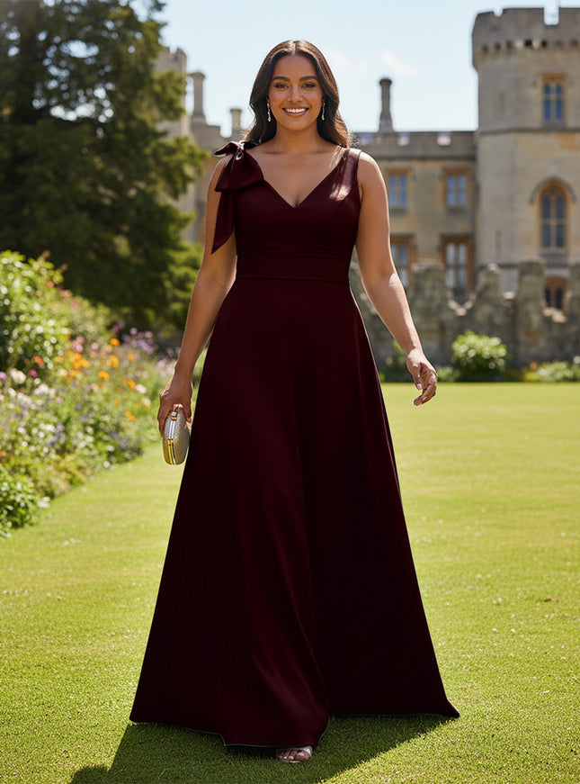 A Line V Neck Sleeveless Bow Satin Bridesmaid Dresses