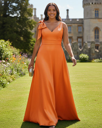 A Line V Neck Sleeveless Bow Satin Bridesmaid Dresses