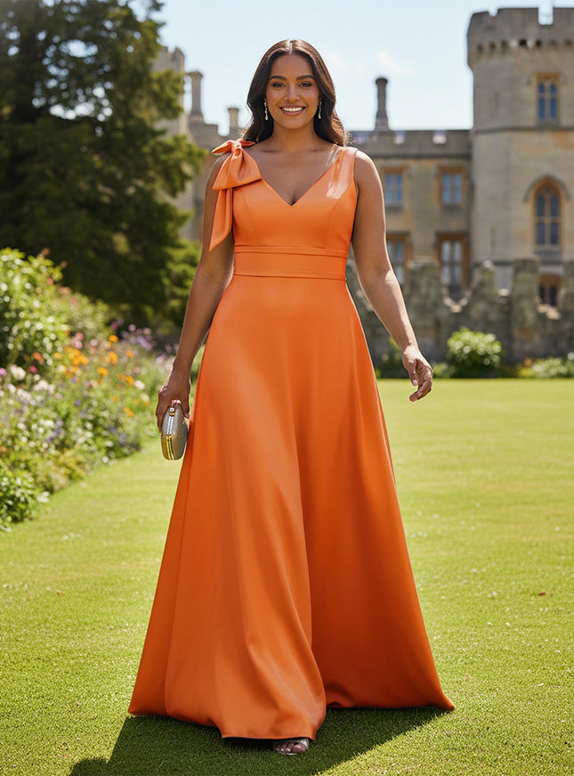 A Line V Neck Sleeveless Bow Satin Bridesmaid Dresses