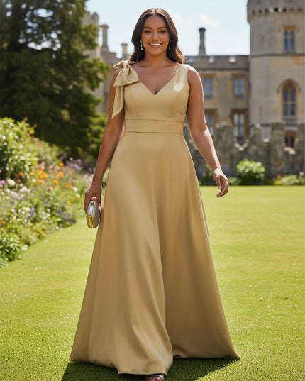 A Line V Neck Sleeveless Bow Satin Bridesmaid Dresses