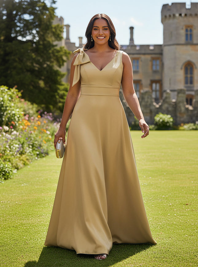 A Line V Neck Sleeveless Bow Satin Bridesmaid Dresses