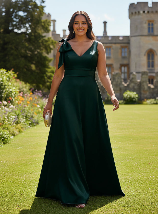 A Line V Neck Sleeveless Bow Satin Bridesmaid Dresses