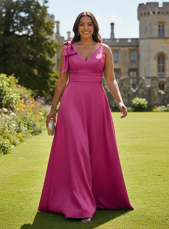 A Line V Neck Sleeveless Bow Satin Bridesmaid Dresses