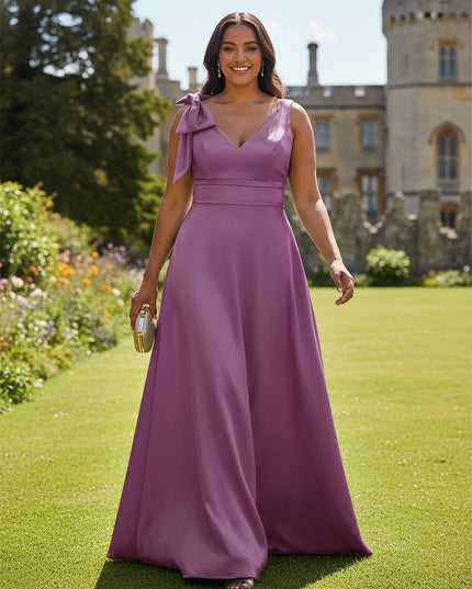 A Line V Neck Sleeveless Bow Satin Bridesmaid Dresses