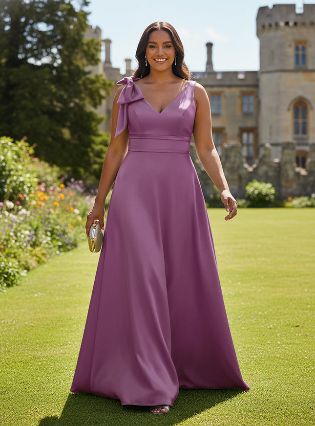 A Line V Neck Sleeveless Bow Satin Bridesmaid Dresses