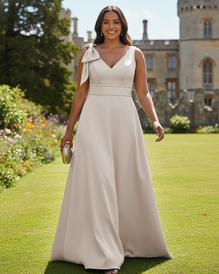 A Line V Neck Sleeveless Bow Satin Bridesmaid Dresses