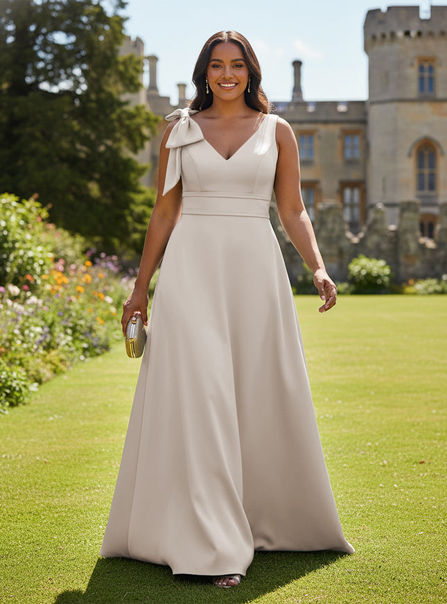 A Line V Neck Sleeveless Bow Satin Bridesmaid Dresses