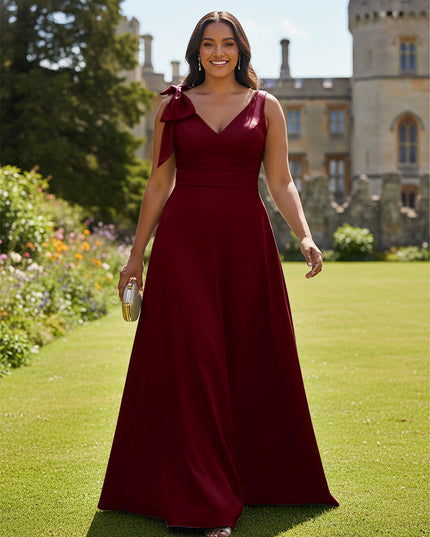 A Line V Neck Sleeveless Bow Satin Bridesmaid Dresses