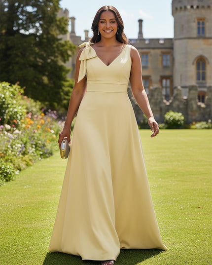 A Line V Neck Sleeveless Bow Satin Bridesmaid Dresses