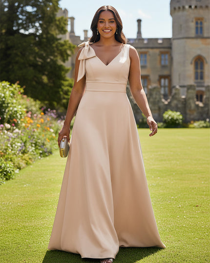 A Line V Neck Sleeveless Bow Satin Bridesmaid Dresses