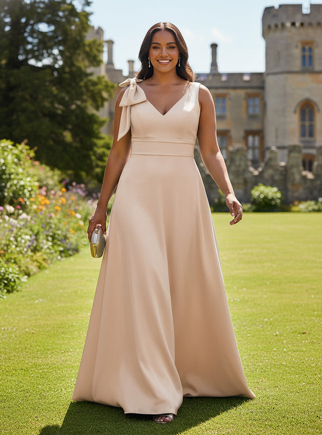A Line V Neck Sleeveless Bow Satin Bridesmaid Dresses