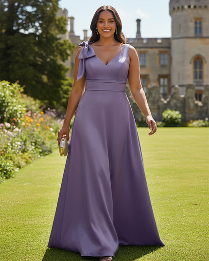 A Line V Neck Sleeveless Bow Satin Bridesmaid Dresses