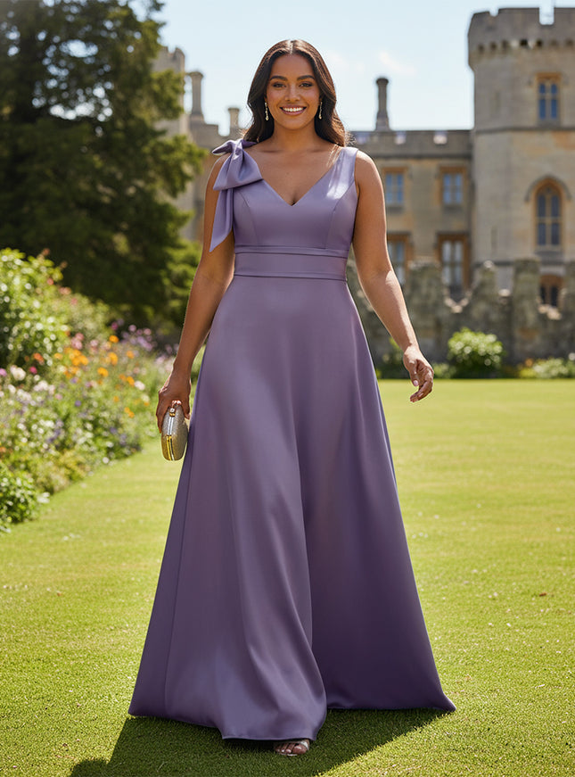 A Line V Neck Sleeveless Bow Satin Bridesmaid Dresses