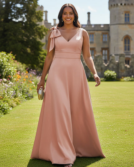 A Line V Neck Sleeveless Bow Satin Bridesmaid Dresses