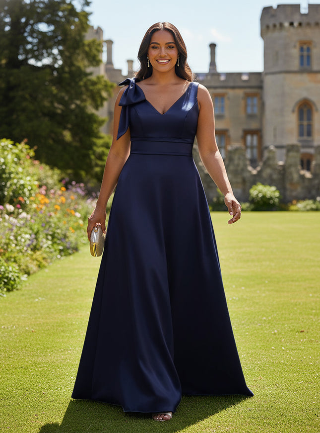 A Line V Neck Sleeveless Bow Satin Bridesmaid Dresses