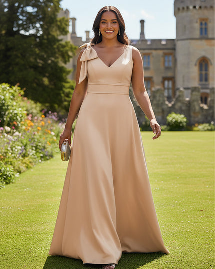 A Line V Neck Sleeveless Bow Satin Bridesmaid Dresses