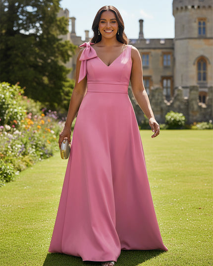 A Line V Neck Sleeveless Bow Satin Bridesmaid Dresses