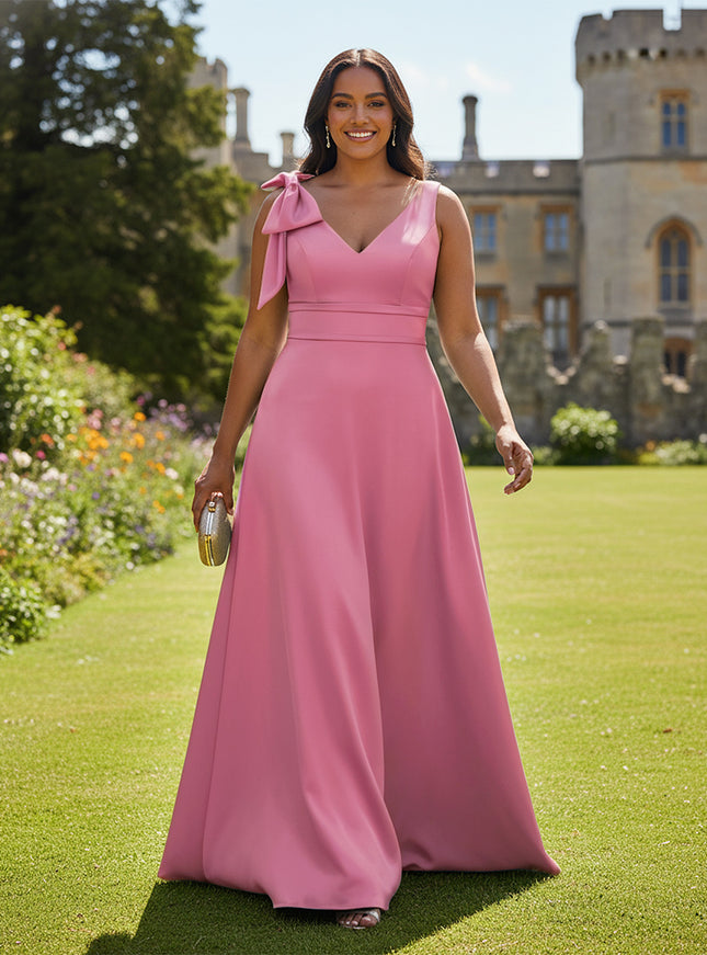 A Line V Neck Sleeveless Bow Satin Bridesmaid Dresses